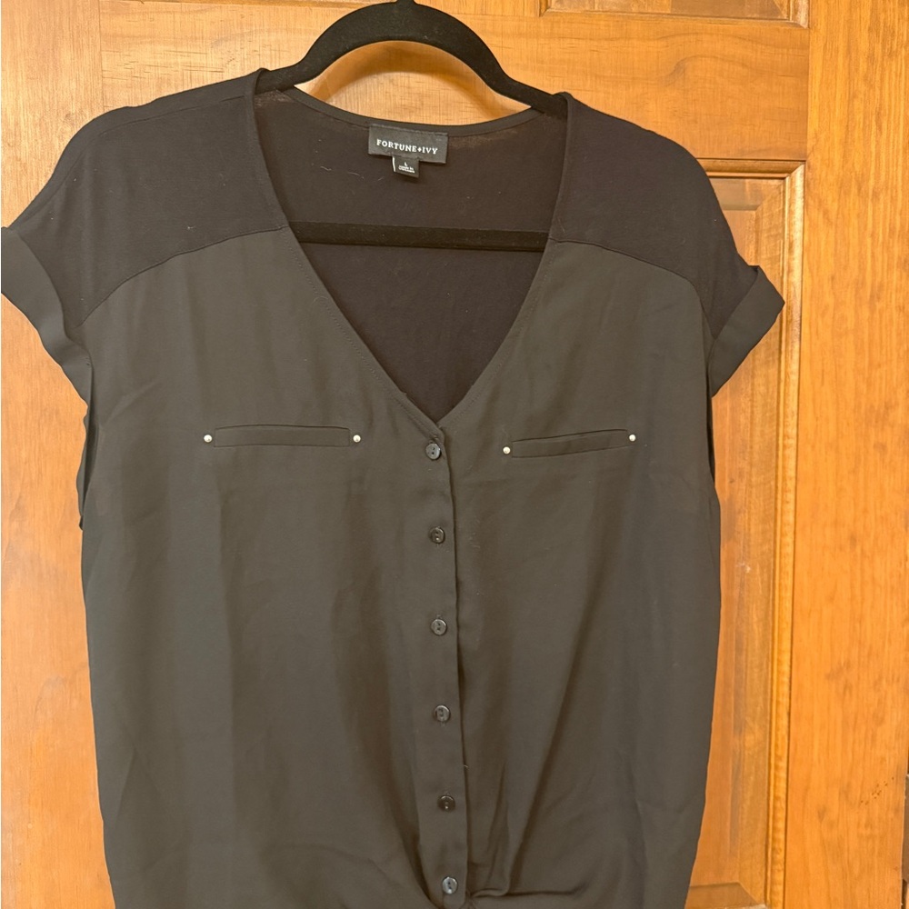 Fortune & Ivy Black Button Down Women's Top